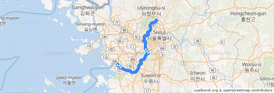 Mapa del recorrido 서울 지하철 4호선: 오이도 → 당고개 급행 de la línea  en کره جنوبی.