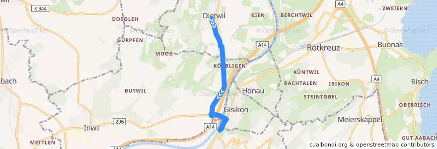 Mapa del recorrido Bus 348: Dietwil => Gisikon-Root de la línea  en Schweiz/Suisse/Svizzera/Svizra.