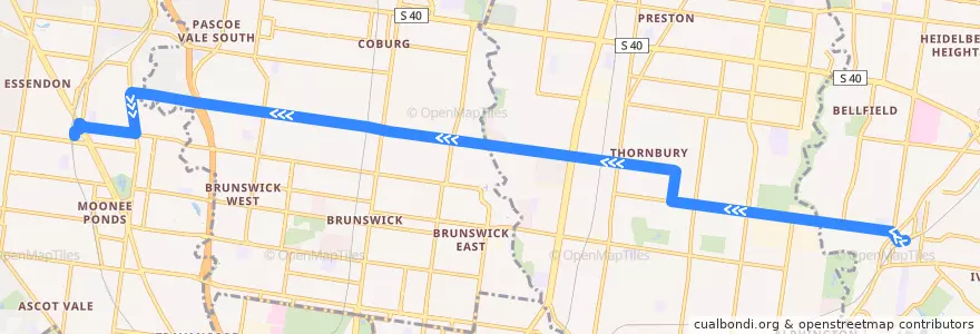 Mapa del recorrido Bus 510: Ivanhoe => Thornbury & Northcote & Brunswick => Essendon de la línea  en ビクトリア.