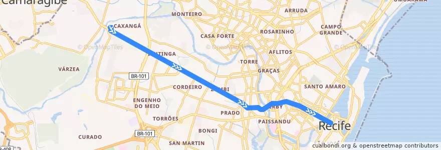 Mapa del recorrido TI Caxangá - Conde da Boa Vista (BRT) de la línea  en ريسيفي.