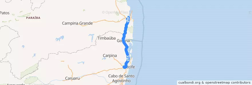 Mapa del recorrido João Pessoa - Recife de la línea  en Nordosten.