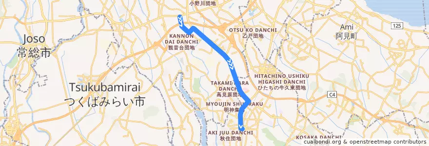 Mapa del recorrido 関東鉄道バス47系統 谷田部車庫⇒農林団地⇒牛久駅西口 de la línea  en Préfecture d'Ibaraki.