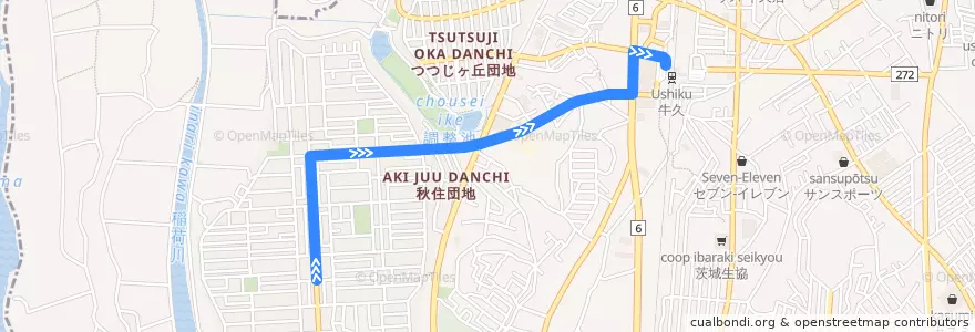 Mapa del recorrido 関東鉄道バス 刈谷団地⇒牛久駅西口 de la línea  en 牛久市.