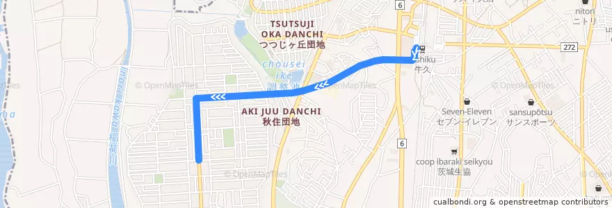 Mapa del recorrido 関東鉄道バス 牛久駅西口⇒刈谷団地 de la línea  en 牛久市.