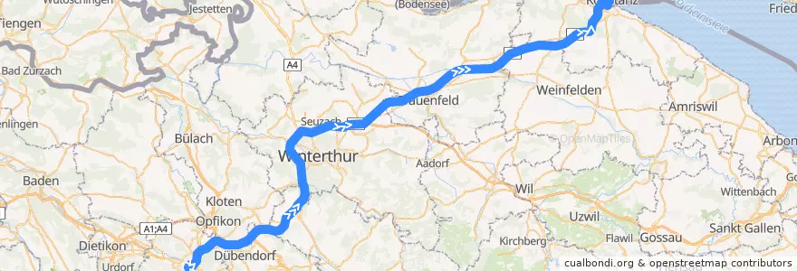 Mapa del recorrido Flixbus 006(Südteil): Zürich HB, Carpark Sihlquai => Konstanz, Fährhafen de la línea  en Schweiz/Suisse/Svizzera/Svizra.