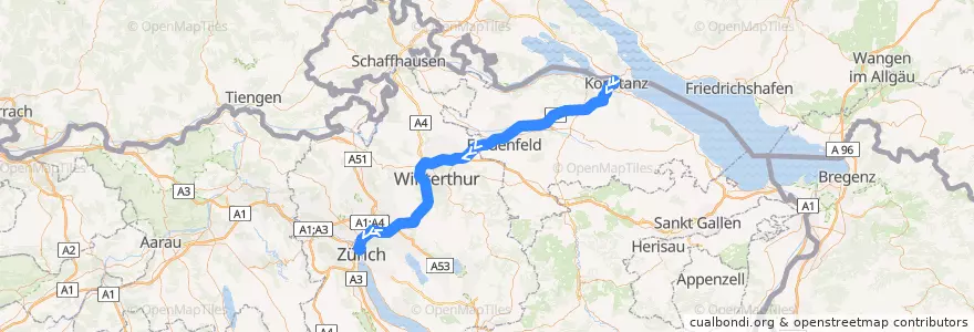 Mapa del recorrido Flixbus 006(Südteil): Konstanz, Fährhafen => Zürich HB, Carpark Sihlquai de la línea  en Zwitserland.