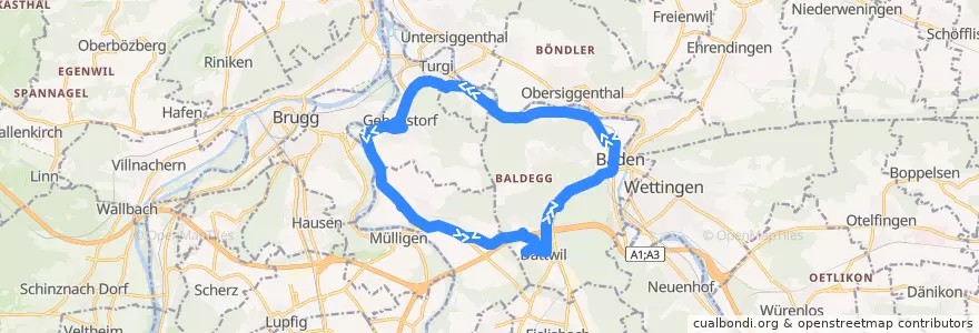 Mapa del recorrido Bus N37: Baden => Gebenstorf => Birmenstorf => Baden de la línea  en Bezirk Baden.