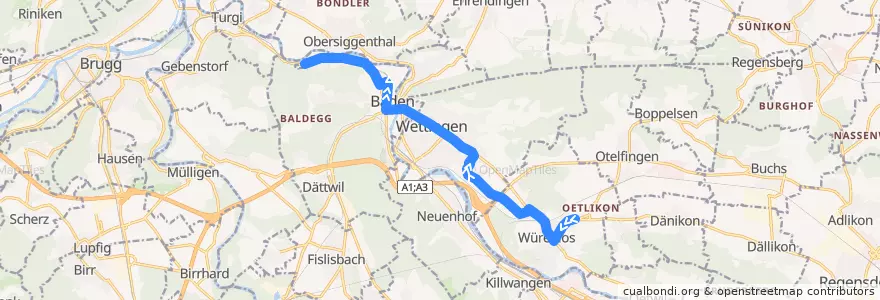 Mapa del recorrido Bus N35: Würenlos, Bettlen => Baden, Ruschebach de la línea  en Bezirk Baden.