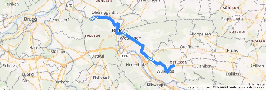 Mapa del recorrido Bus N35: Baden, Ruschebach => Würenlos, Bettlen de la línea  en Bezirk Baden.