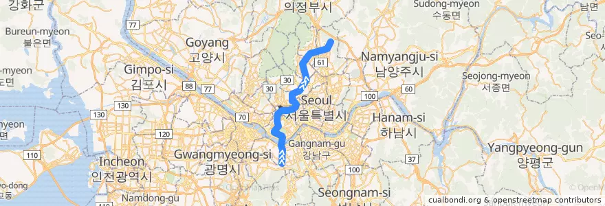 Mapa del recorrido 수도권 전철 4호선: 사당 → 당고개 de la línea  en 서울.