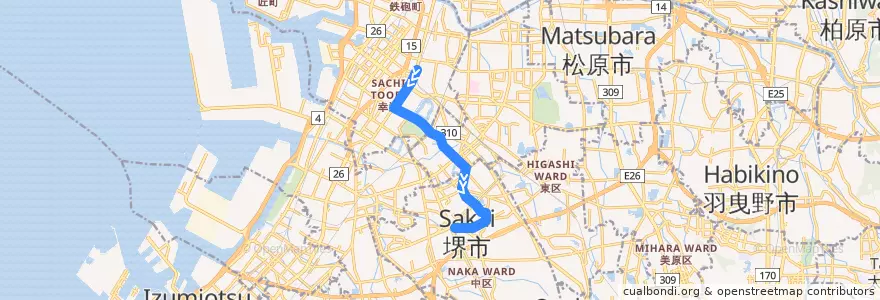 Mapa del recorrido 40: 堺東駅前-あみだ池 de la línea  en 堺市.