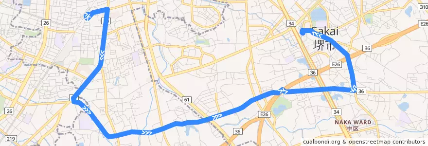 Mapa del recorrido 70: 鳳駅前-北野田駅前 de la línea  en 堺市.
