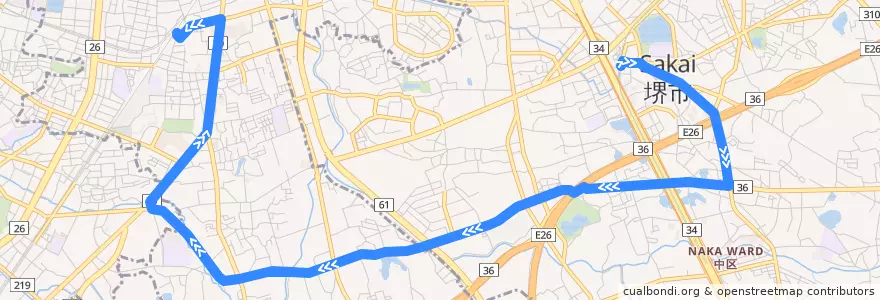 Mapa del recorrido 70: 北野田駅前-鳳駅前 de la línea  en 堺市.