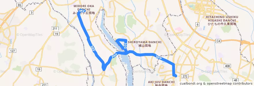 Mapa del recorrido 関東鉄道バス 緑が丘団地⇒森の里⇒牛久駅西口 de la línea  en Tsukuba.