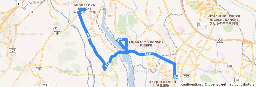 Mapa del recorrido 関東鉄道バス 牛久駅西口⇒森の里⇒緑が丘団地 de la línea  en 이바라키현.