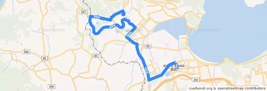 Mapa del recorrido 九州大学線(周船寺経由) de la línea  en 西区.