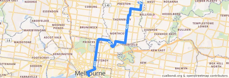 Mapa del recorrido Bus 251: Northland SC => Clifton Hill => City (Queen Street) de la línea  en Виктория.