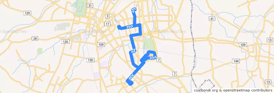 Mapa del recorrido 城東安原線 de la línea  en 弘前市.