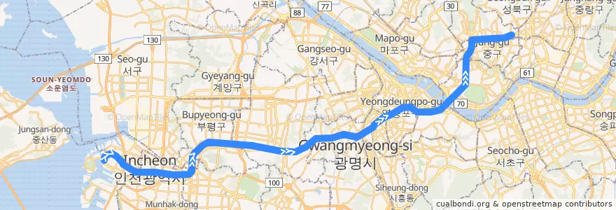 Mapa del recorrido 수도권 전철 1호선 : 인천 → 동묘앞 de la línea  en Güney Kore.