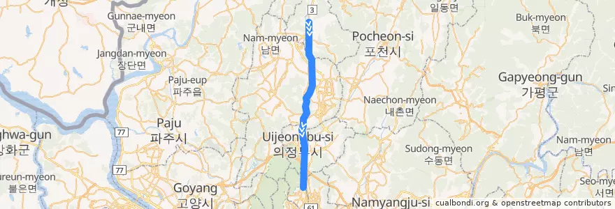 Mapa del recorrido 수도권 전철 1호선 경인·경원 계통: 동두천 → 광운대 de la línea  en Gyeonggi.