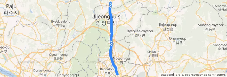 Mapa del recorrido 수도권 전철 1호선 경원 계통: 양주 → 광운대 de la línea  en Corée du Sud.