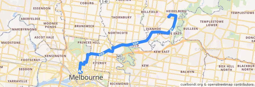 Mapa del recorrido Bus 546: Melbourne University => Carlton & Clifton Hill => Heidelberg de la línea  en ولاية فيكتوريا.