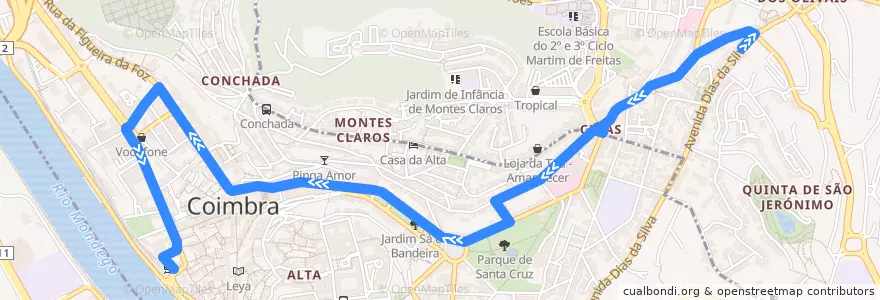 Mapa del recorrido 103: Santo António dos Olivais => Estação Nova de la línea  en Coímbra.
