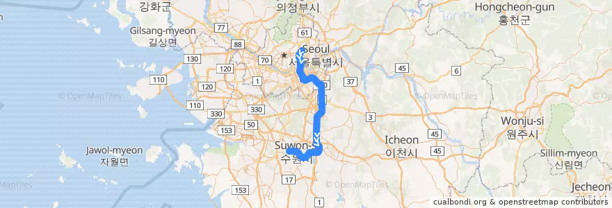Mapa del recorrido 수도권 전철 분당선: 청량리 → 수원 de la línea  en 대한민국.