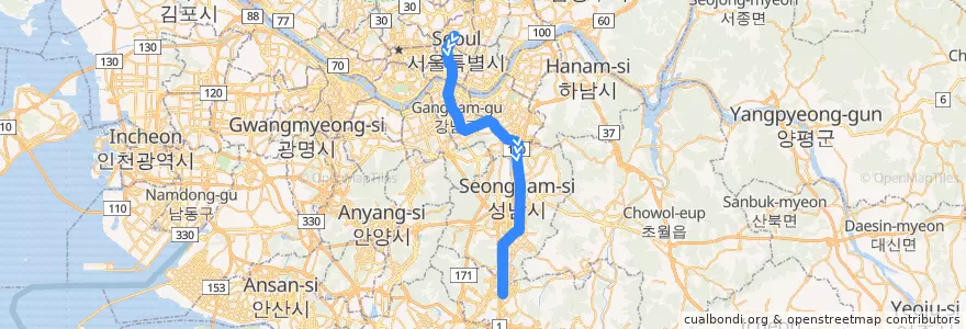 Mapa del recorrido 수도권 전철 분당선: 청량리 → 죽전 de la línea  en کره جنوبی.