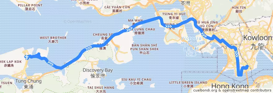 Mapa del recorrido 城巴機場快線A21線 Cityflyer A21 (機場 Airport → 紅磡站 Hung Hom Station) de la línea  en 新界 New Territories.