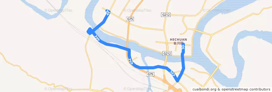 Mapa del recorrido 610路 区公安局→鹿角栅 de la línea  en 合川区.