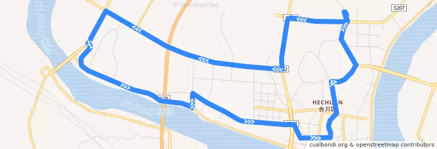 Mapa del recorrido 808A路 客运中心→营盘街→工商职业学院→客运中心 de la línea  en 合川区.