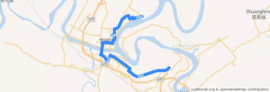 Mapa del recorrido 225 世纪乐都→合川实验中学 de la línea  en 合川区.