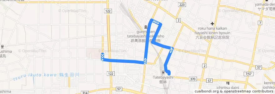 Mapa del recorrido 厚生病院シャトル線 厚生病院⇒館林駅東口 de la línea  en Tatebayashi.