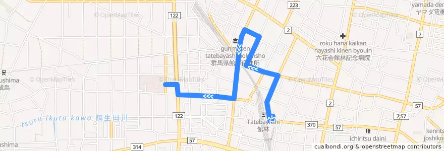 Mapa del recorrido 厚生病院シャトル線 館林駅東口⇒厚生病院 de la línea  en 館林市.