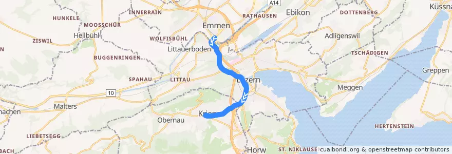 Mapa del recorrido Bus 5: Emmenbrücke, Bahnhof Süd => Kriens, Busschleife de la línea  en Luzern.