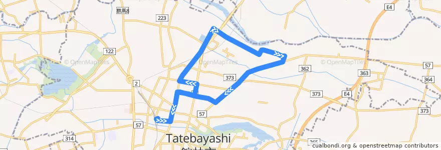 Mapa del recorrido 渡瀬巡回線（東循環線） de la línea  en 館林市.