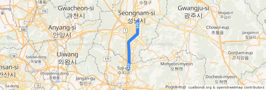 Mapa del recorrido 수도권 전철 분당선: 죽전 → 왕십리 de la línea  en 盆唐區.