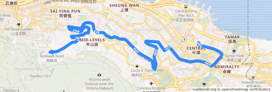 Mapa del recorrido 新巴13線 NWFB 13 (中環（大會堂） Central (City Hall) → 旭龢道 Kotewall Road) de la línea  en 中西區 Central and Western District.
