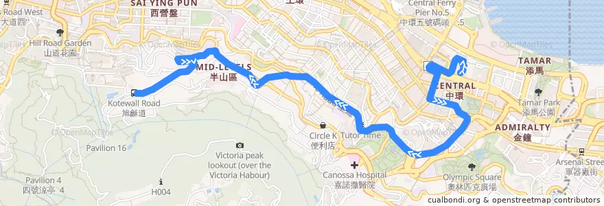 Mapa del recorrido 新巴13線 NWFB 13 (旭龢道 Kotewall Road → 中環（大會堂） Central (City Hall)) de la línea  en 中西區 Central and Western District.