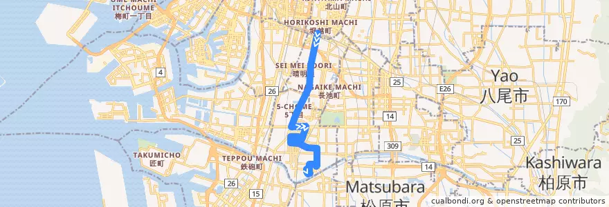 Mapa del recorrido 63: あべの橋-浅香 de la línea  en Osaka.