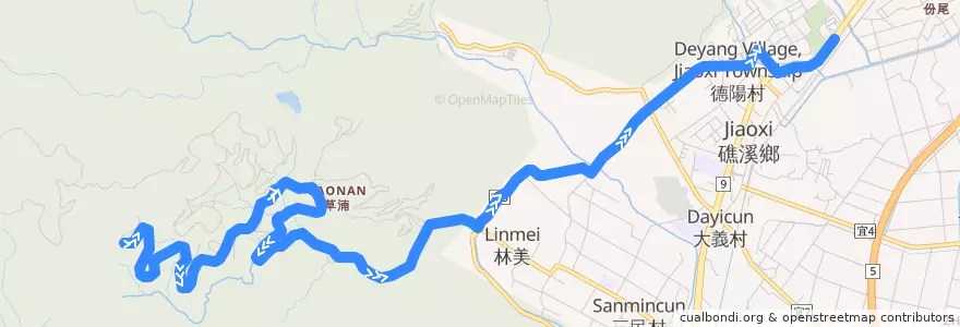 Mapa del recorrido 佛光大學校車 佛光大學->礁溪 de la línea  en Jiaoxi.