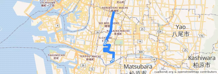 Mapa del recorrido 63: 浅香-あべの橋 de la línea  en 오사카.