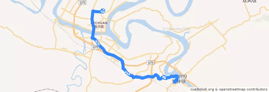 Mapa del recorrido 959B路 客运中心→盐井 de la línea  en 合川区.