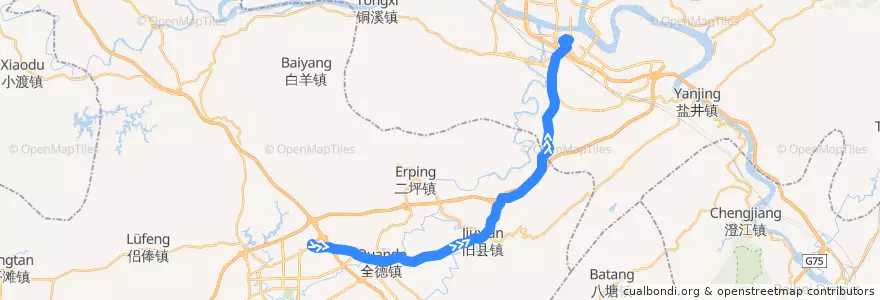 Mapa del recorrido 铜合城际线 铜梁→合川 de la línea  en 重庆市.