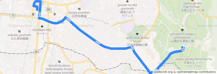Mapa del recorrido 大久保太陽が丘線 太陽が丘 --> 近鉄大久保 de la línea  en 宇治市.