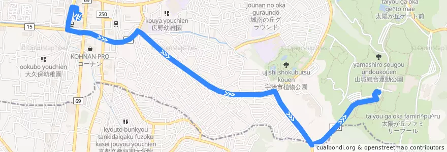 Mapa del recorrido 大久保太陽が丘線 近鉄大久保 --> 太陽が丘 de la línea  en 宇治市.
