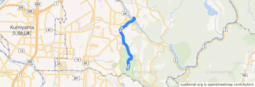 Mapa del recorrido 宇治太陽が丘線 太陽が丘 --> 京阪宇治駅 de la línea  en 宇治市.
