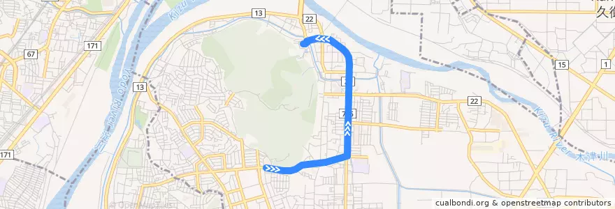 Mapa del recorrido 八幡田辺線 de la línea  en 八幡市.