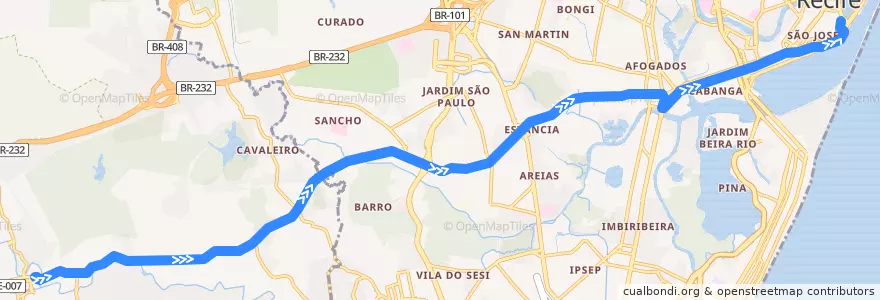 Mapa del recorrido TI Jaboatão (Parador) de la línea  en Região Geográgica Imediata do Recife.